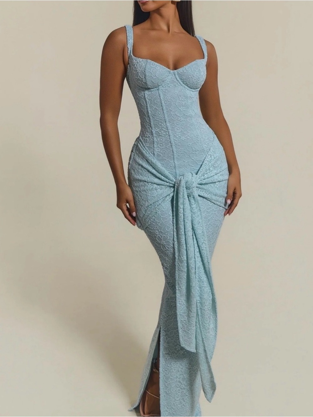 Light Blue Lace Ruched Maxi Dress - Sleeveless Elegant Fit